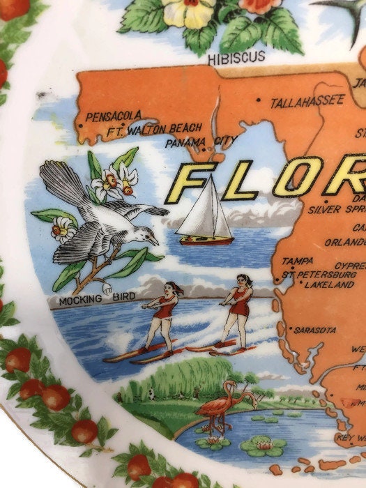 Vintage Florida Souvenir Plate - Collectible Home Decor, Mid Century Graphics at Duckwells