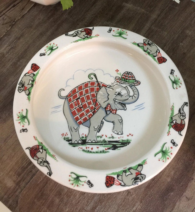 Vintage Elephant Baby Dish, Figgjo Flint Norway Ceramic Child's Bowl - Duckwells