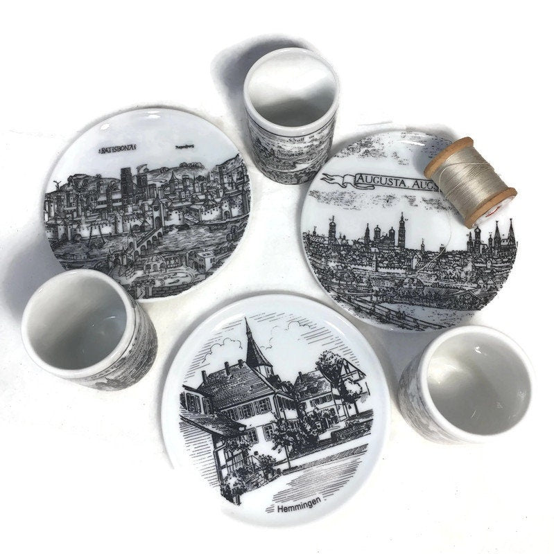 Vintage German Porcelain Shot Glasses and Coasters, Set of 6 - Duckwells