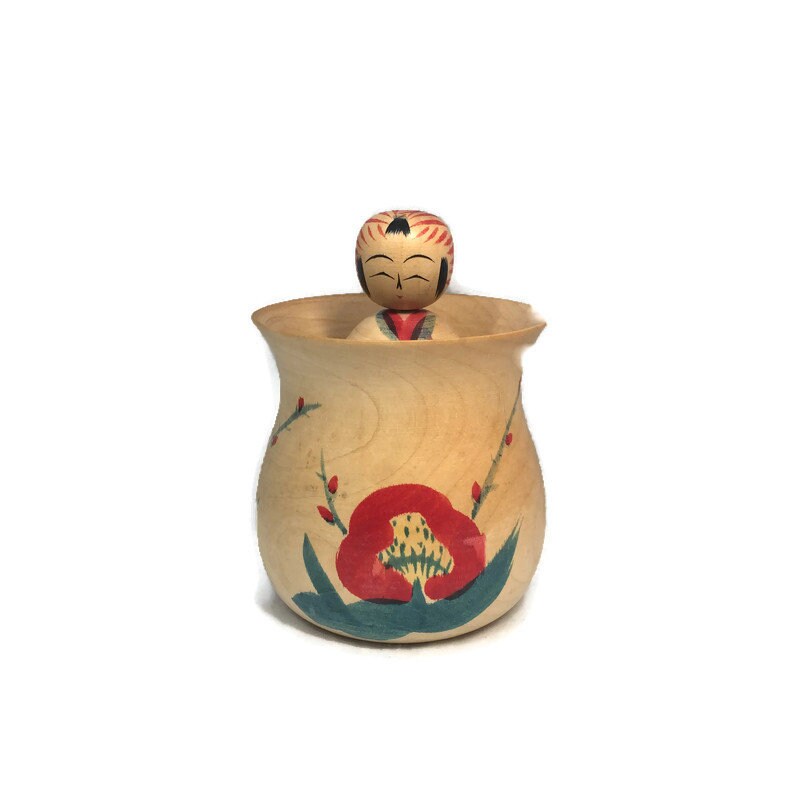 Vintage Kokeshi Jar, Signed Japanese Wood Collectible Storage Container - Duckwells