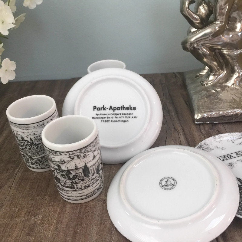 Vintage German Porcelain Shot Glasses and Coasters, Set of 6 - Duckwells