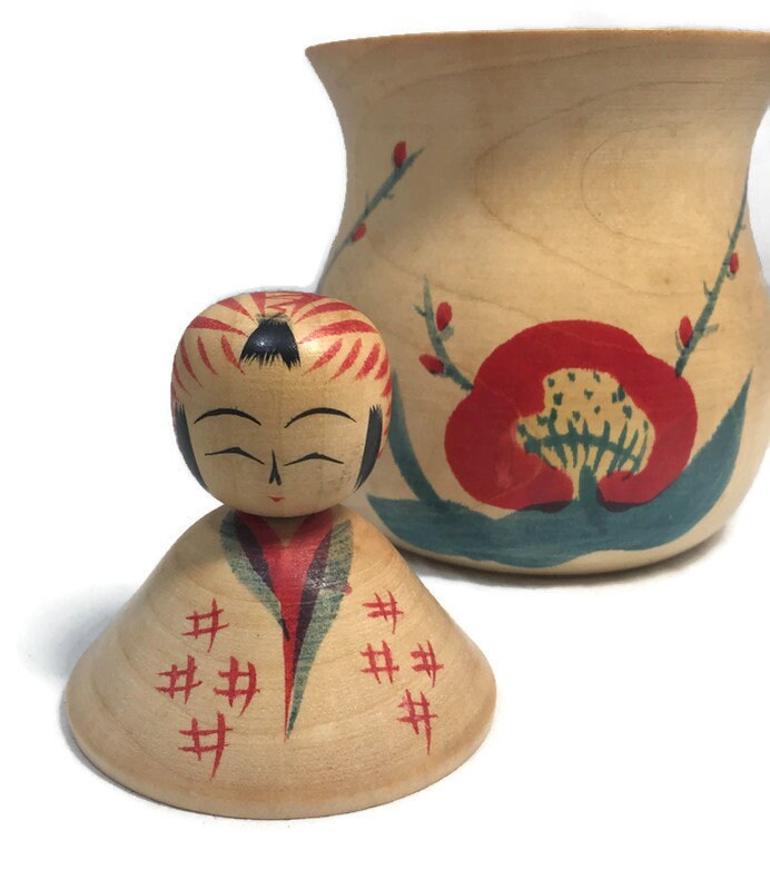 Vintage Kokeshi Jar, Signed Japanese Wood Collectible Storage Container - Duckwells