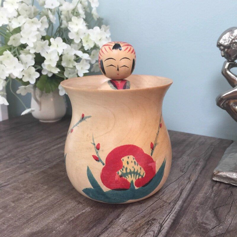 Vintage Kokeshi Jar, Signed Japanese Wood Collectible Storage Container - Duckwells