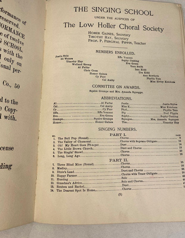 1908 Antique Book, The Singing School, A Farce in Two Acts