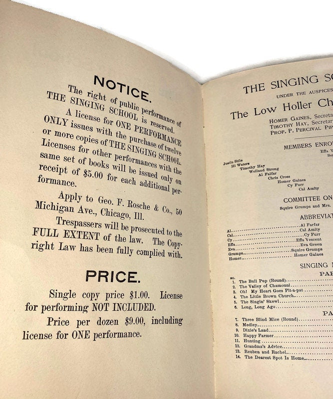 1908 Antique Book, The Singing School, A Farce in Two Acts at Duckwells