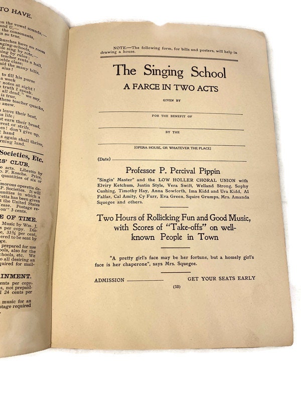 1908 Antique Book, The Singing School, A Farce in Two Acts at Duckwells
