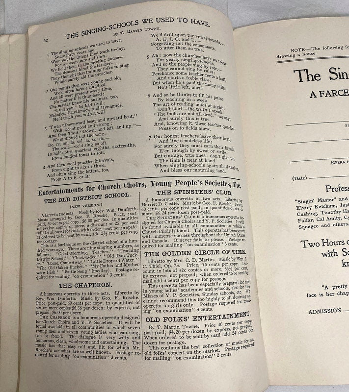 1908 Antique Book, The Singing School, A Farce in Two Acts