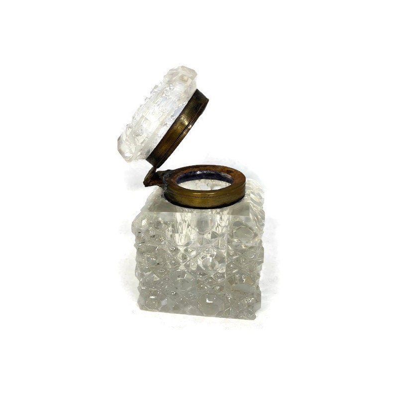 Vintage Inkwell Jar, Cut Clear Crystal with Metal Hinged Lid at Duckwells