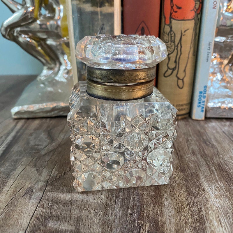 Vintage Inkwell Jar, Cut Clear Crystal with Metal Hinged Lid at Duckwells