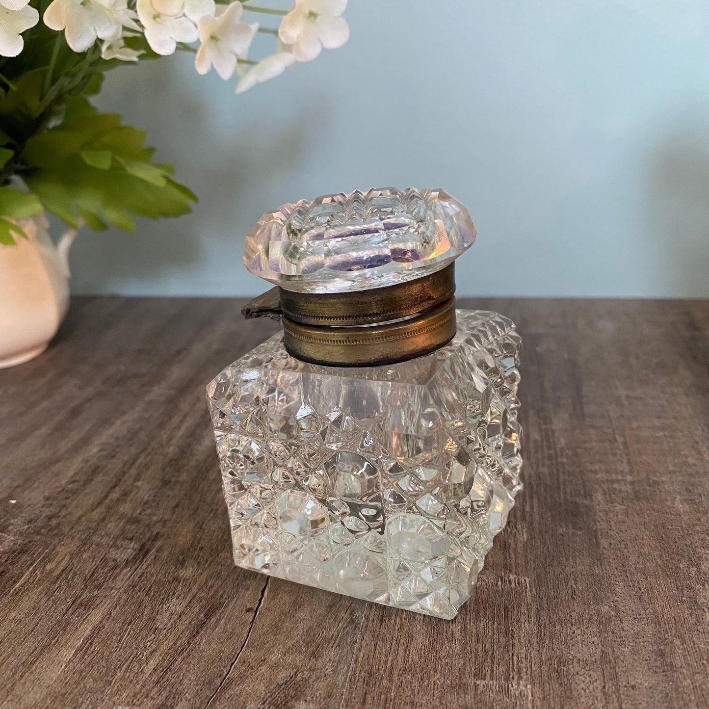 Vintage Inkwell Jar, Cut Clear Crystal with Metal Hinged Lid at Duckwells
