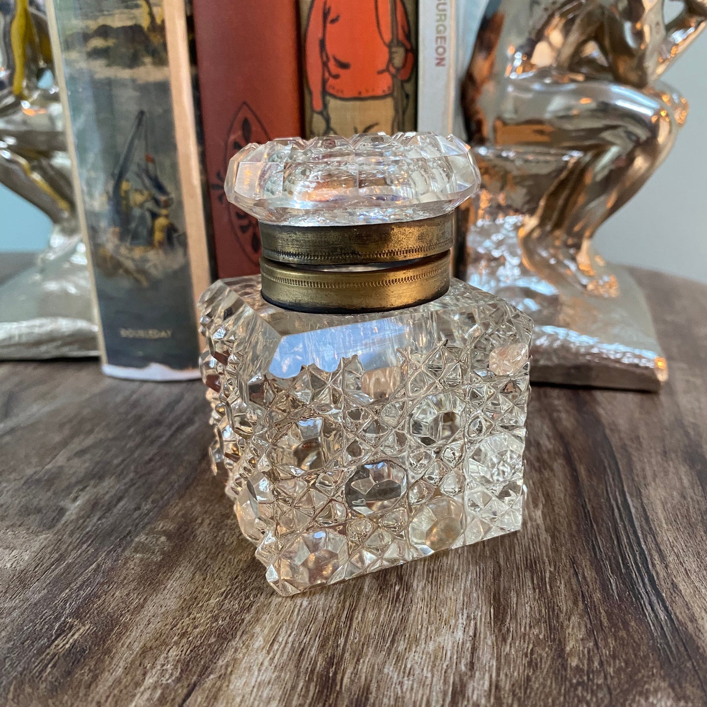 Vintage Inkwell Jar, Cut Clear Crystal with Metal Hinged Lid at Duckwells