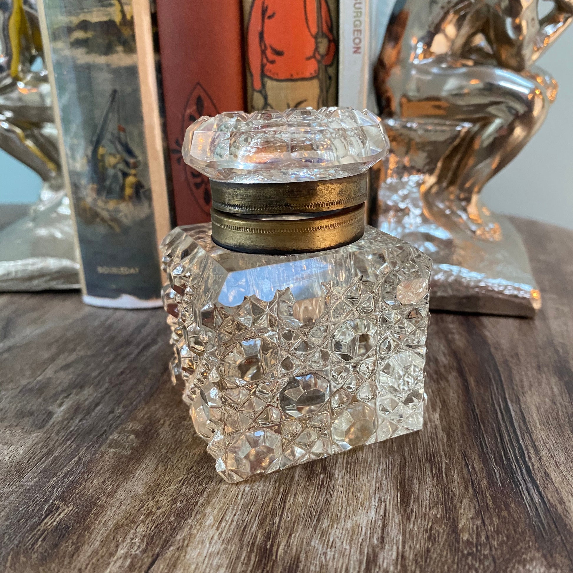 Vintage Inkwell Jar, Cut Clear Crystal with Metal Hinged Lid at Duckwells