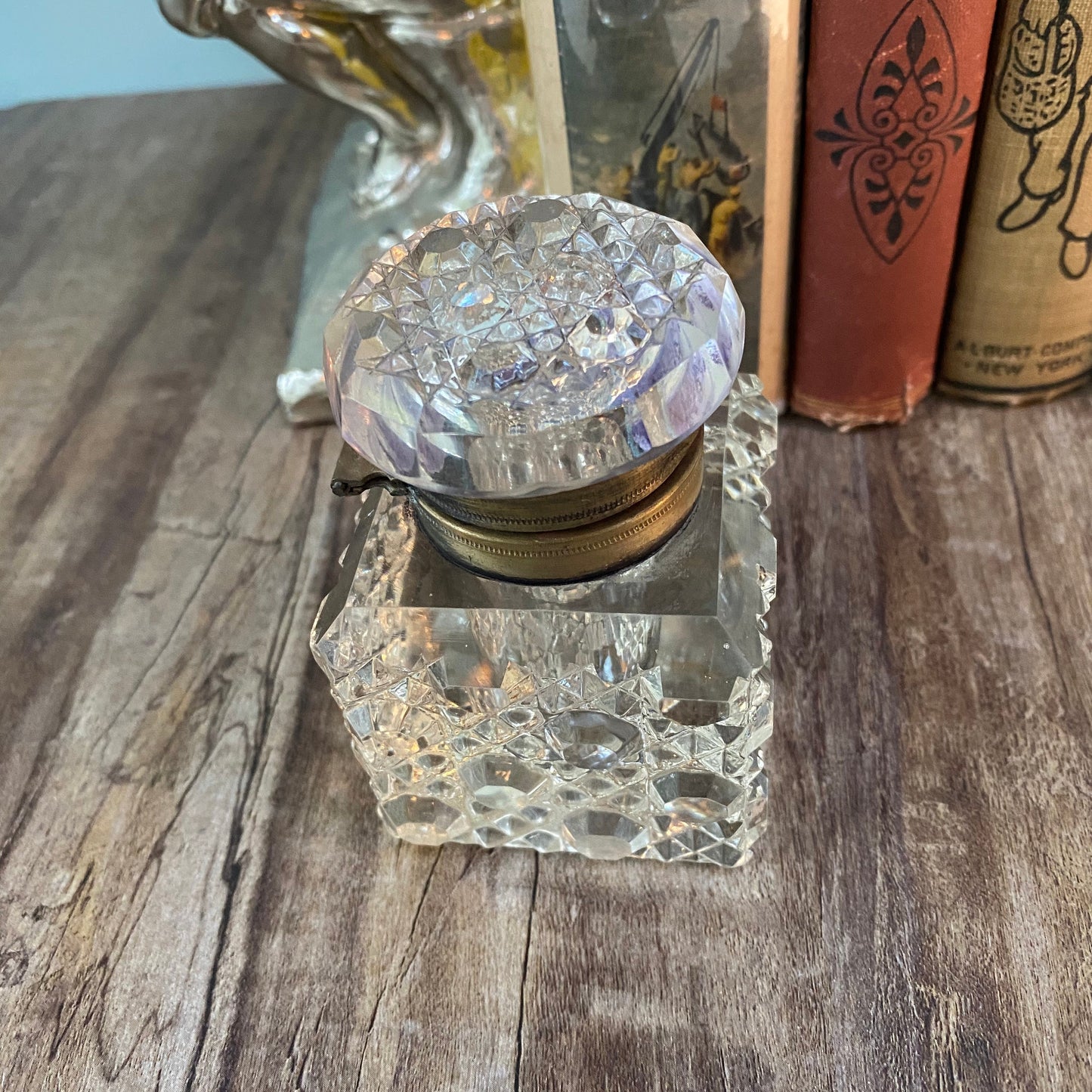 Vintage Inkwell Jar, Cut Clear Crystal with Metal Hinged Lid at Duckwells