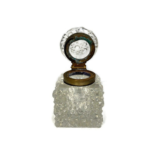 Vintage Inkwell Jar, Cut Clear Crystal with Metal Hinged Lid at Duckwells