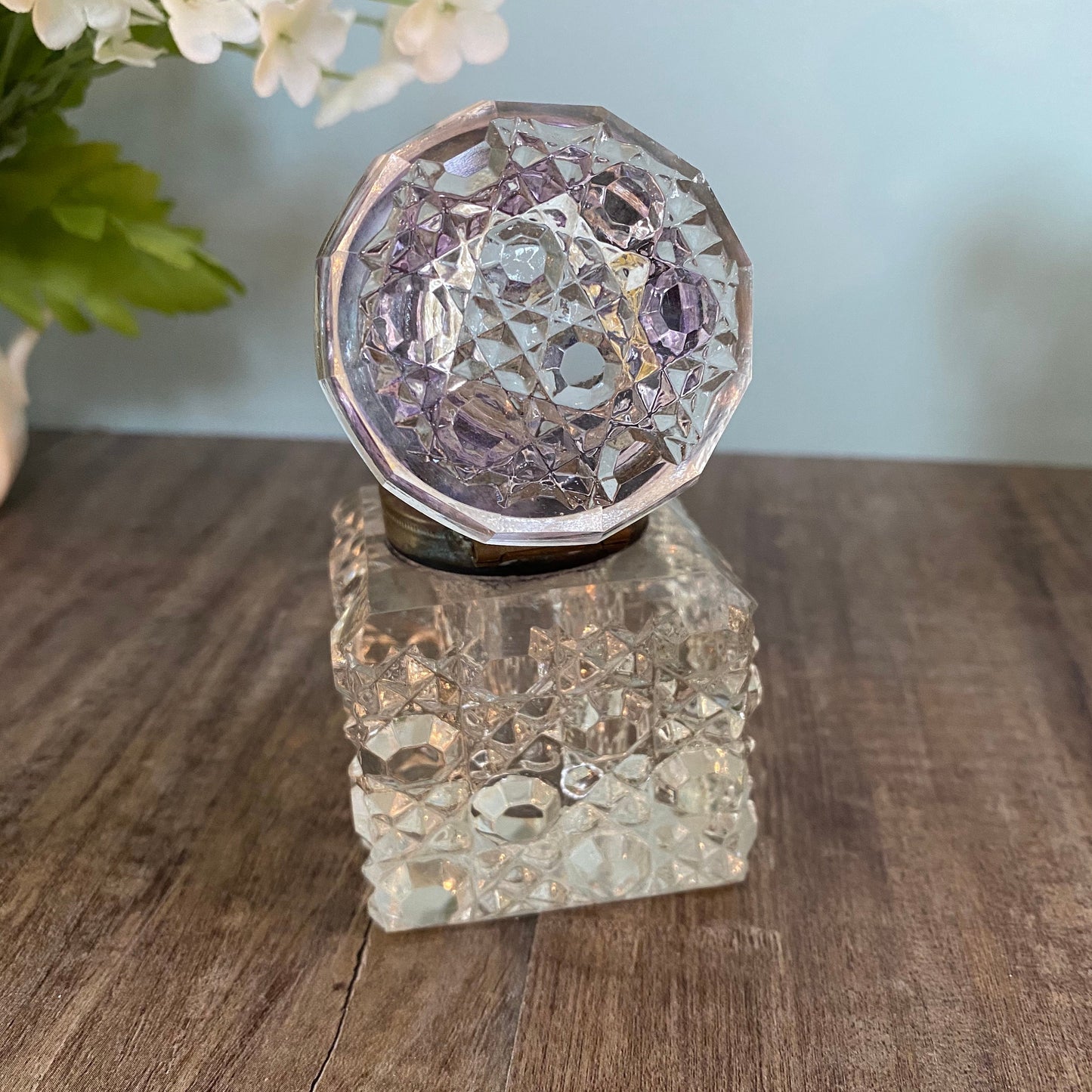 Vintage Inkwell Jar, Cut Clear Crystal with Metal Hinged Lid at Duckwells