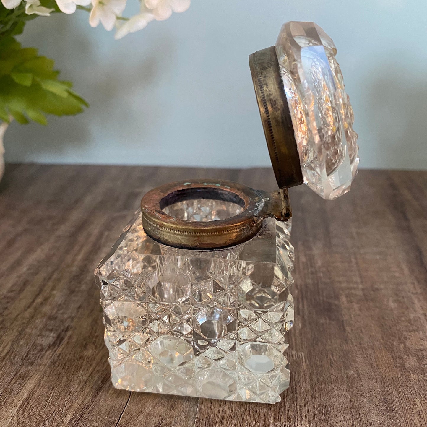Vintage Inkwell Jar, Cut Clear Crystal with Metal Hinged Lid at Duckwells