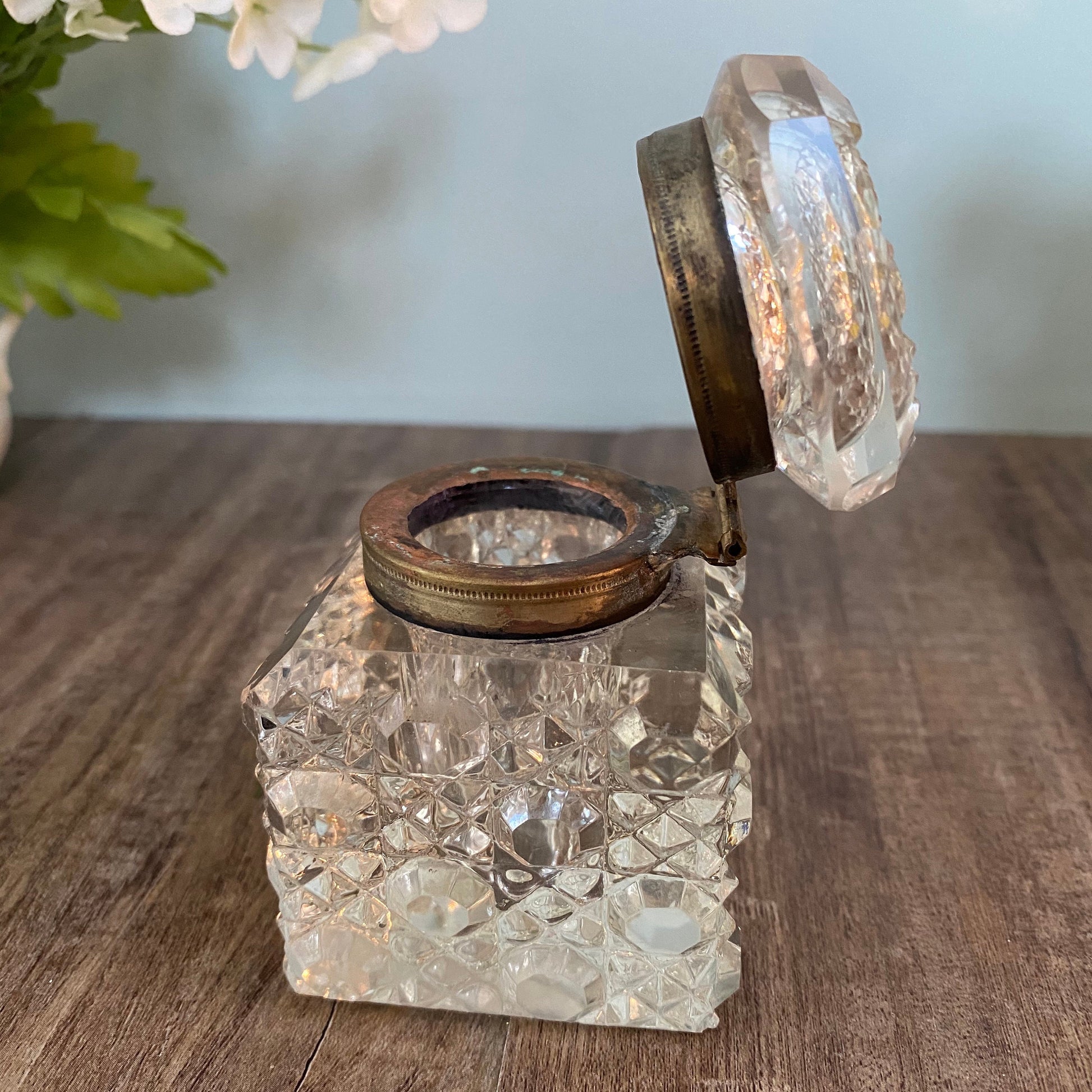 Vintage Inkwell Jar, Cut Clear Crystal with Metal Hinged Lid at Duckwells