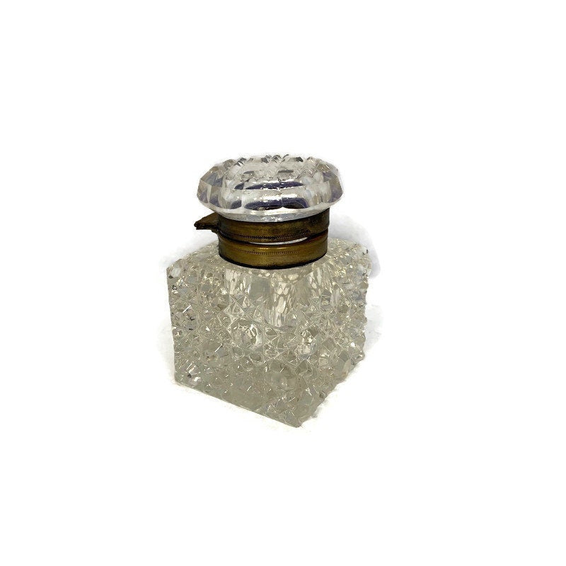 Vintage Inkwell Jar, Cut Clear Crystal with Metal Hinged Lid at Duckwells