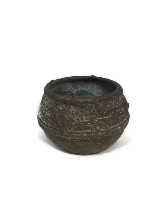 Vintage Indian Ceremonial Pot, Brass Copper Small Bowl with Ornate Design, Original Patina - Duckwells