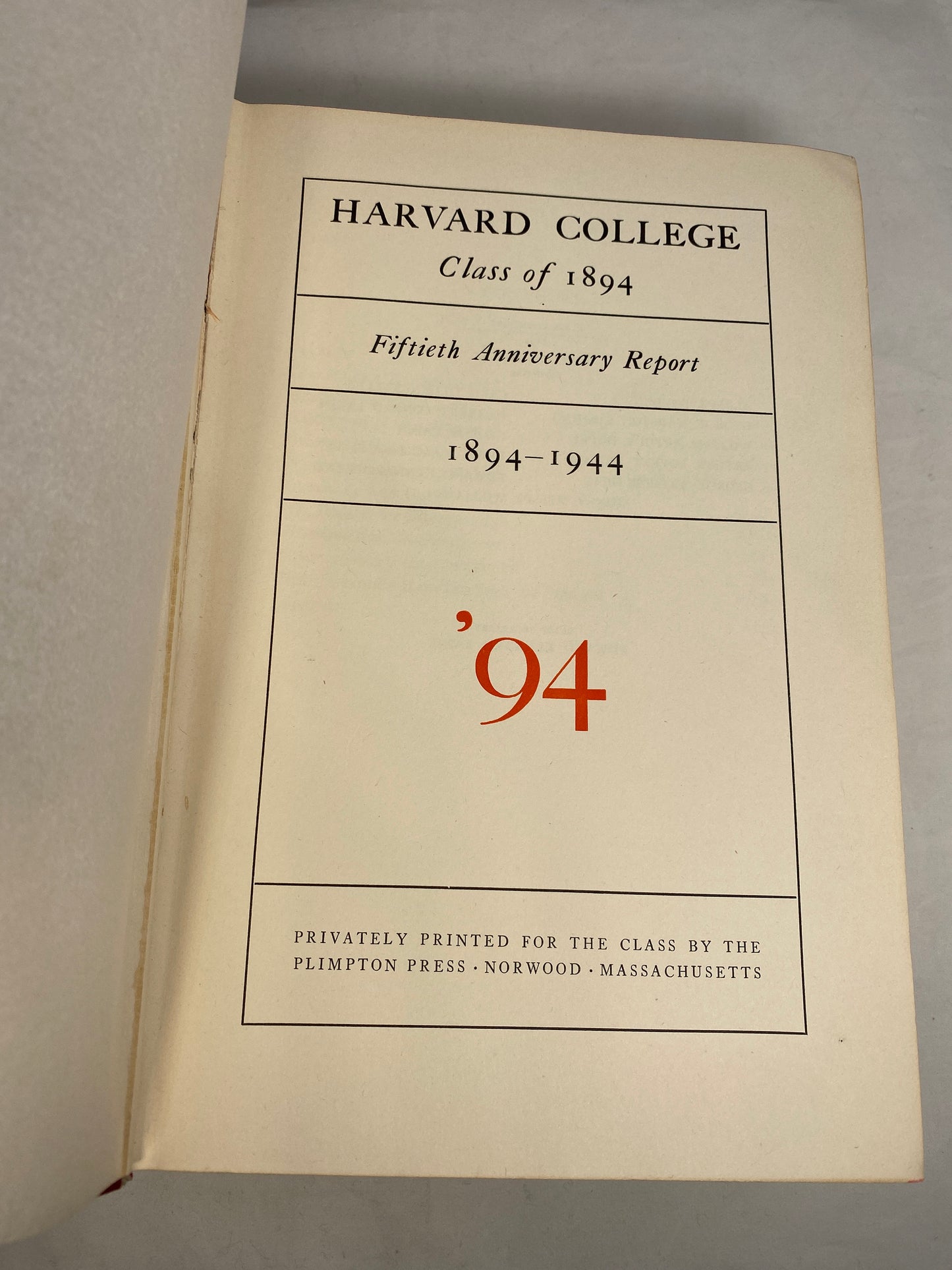 Vintage Book, Harvard College Class of 1894 Fiftieth Anniversary Report 1894-1944 at Duckwells