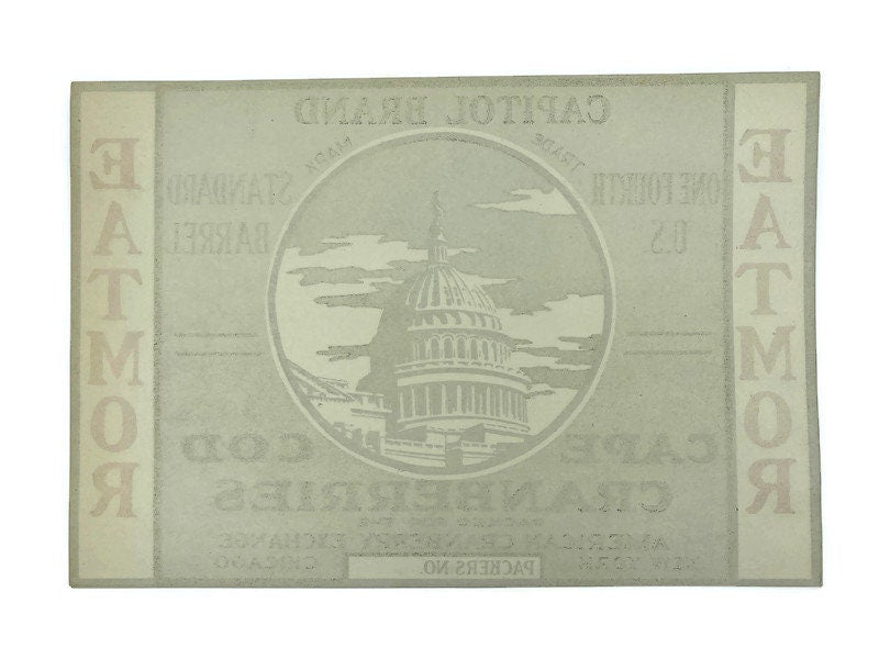 Vintage Fruit Label, Cape Cod Cranberries, The Capitol Building at Duckwells