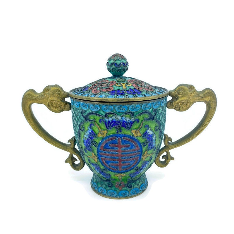 Vintage Chinese Champleve Cloisonné Urn with Lid