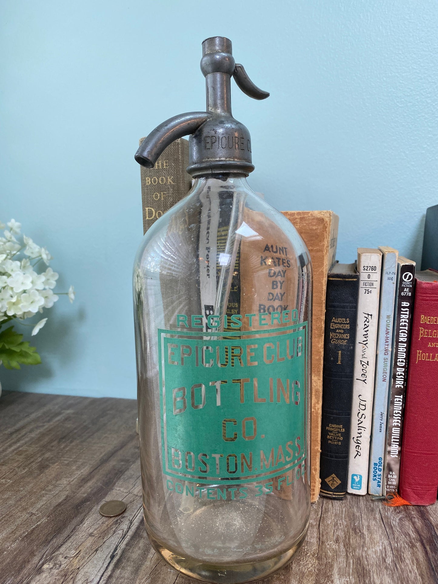 Vintage Seltzer Bottle, Epicure Club Bottling Co. Boston, Massachusetts