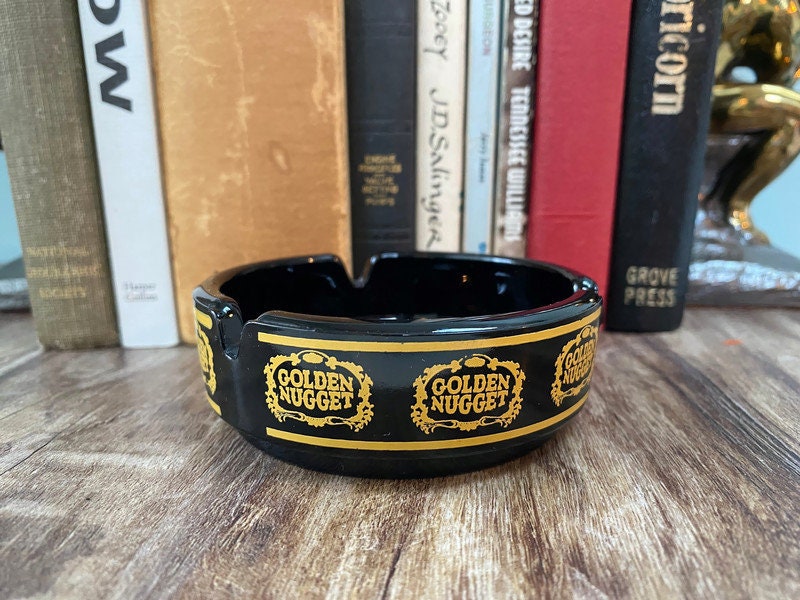 Vintage Las Vegas Golden Nugget Hotel - Black Glass Ashtray, Rat Pack, Mid Century, Old Las Vegas at Duckwells