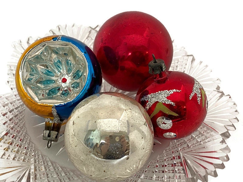 Vintage Glass Christmas Ornaments, Midcentury Holiday Tree Decorations