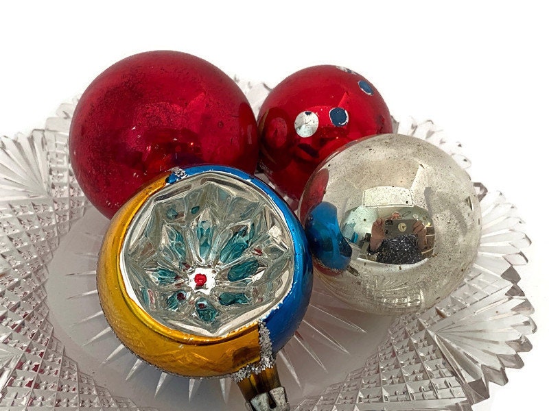 Vintage Glass Christmas Ornaments, Midcentury Holiday Tree Decorations