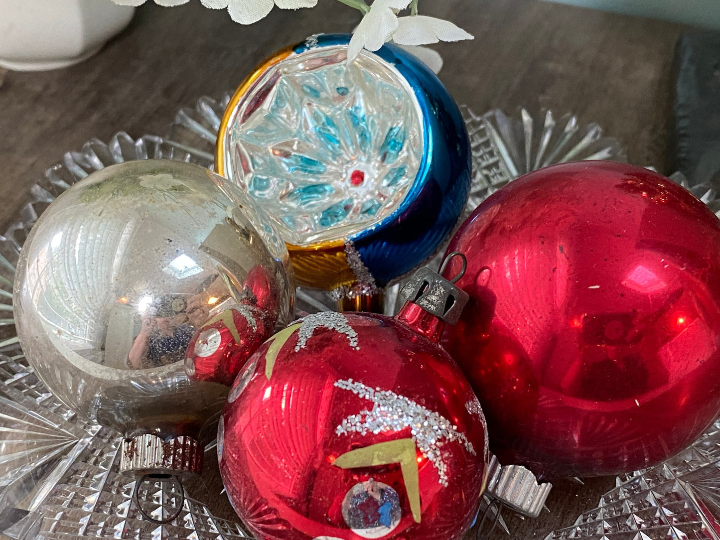 Vintage Glass Christmas Ornaments, Midcentury Holiday Tree Decorations