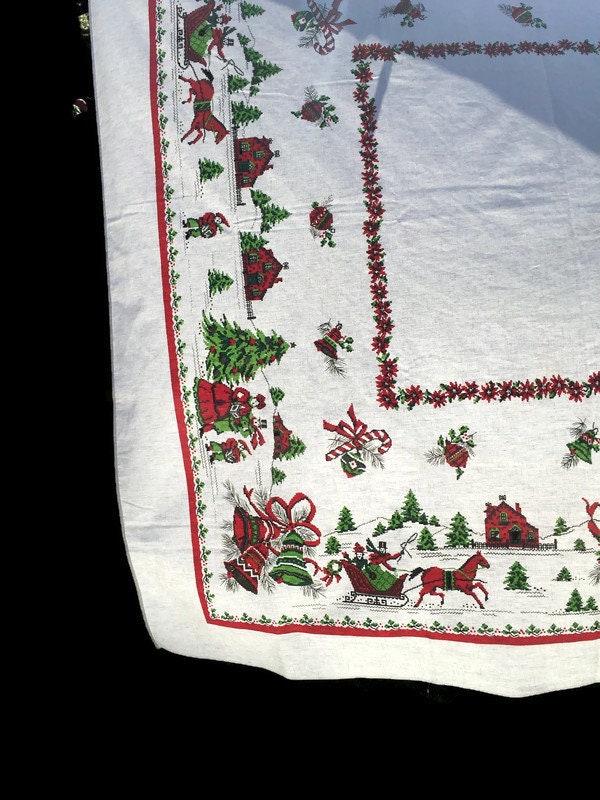 Vintage Christmas Tablecloth White Cotton 69"x54"
