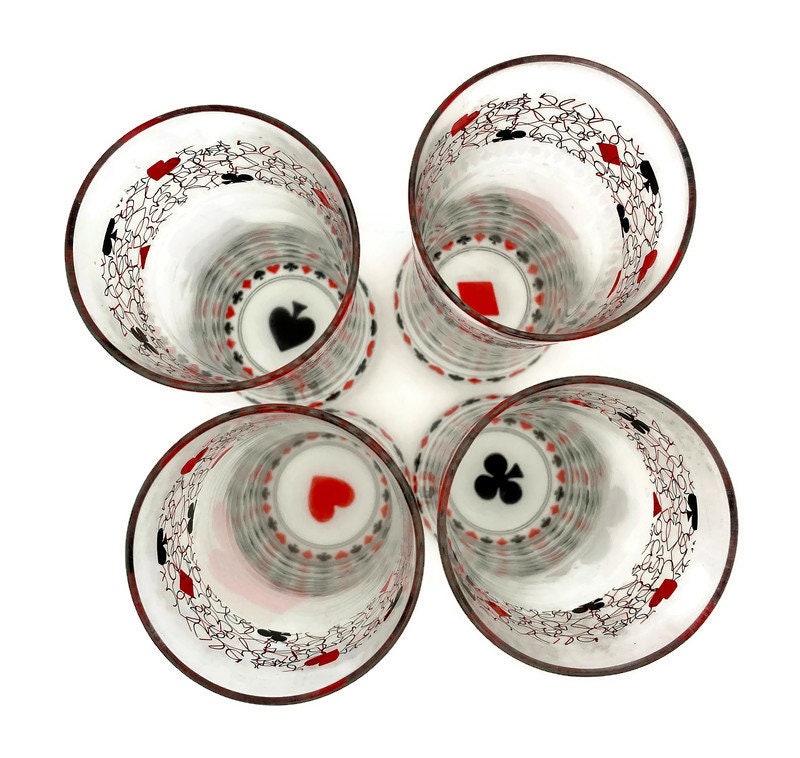 Midcentury Playing Card Glasses, Vintage Barware