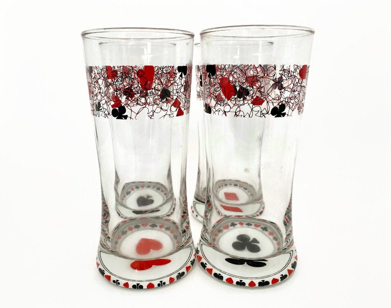 Midcentury Playing Card Glasses, Vintage Barware