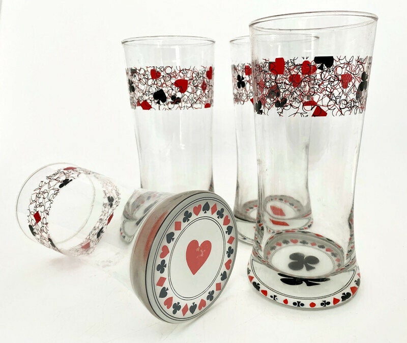 Midcentury Playing Card Glasses, Vintage Barware