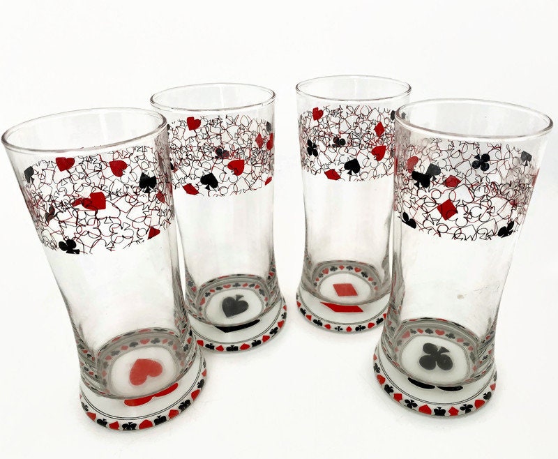 Midcentury Playing Card Glasses, Vintage Barware
