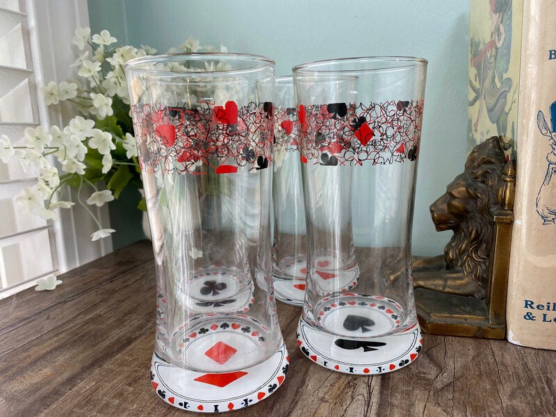 Midcentury Playing Card Glasses, Vintage Barware