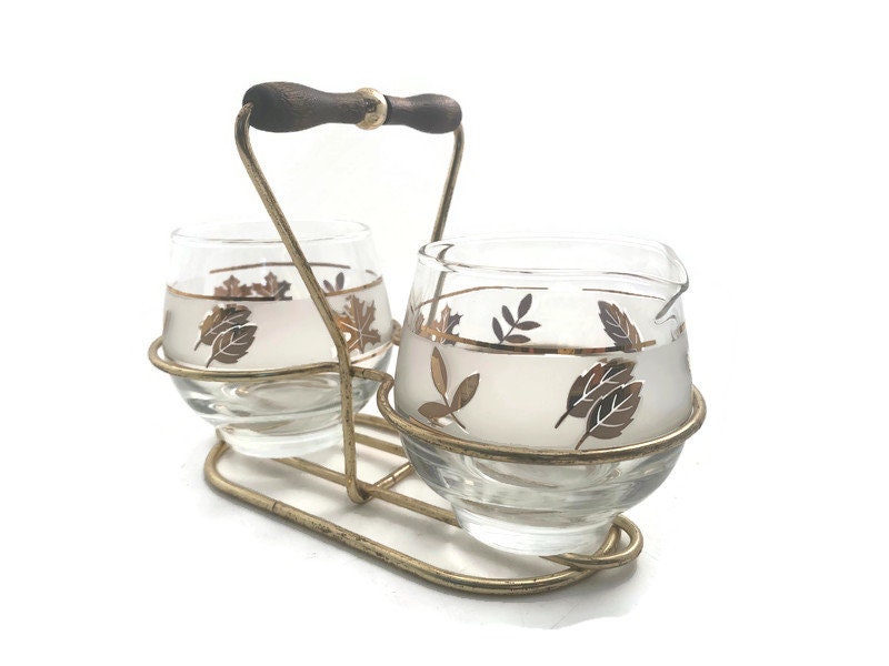 Midcentury Libbey Glass Frosted Gold Leaf Sugar & Creamer
