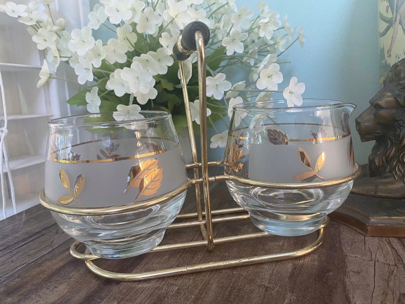 Midcentury Libbey Glass Frosted Gold Leaf Sugar & Creamer