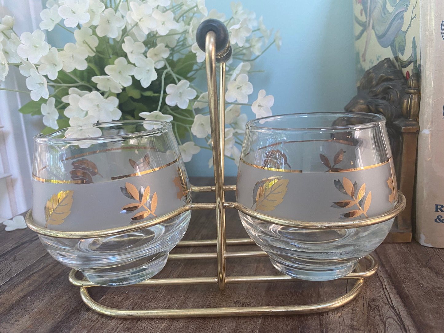 Midcentury Libbey Glass Frosted Gold Leaf Sugar & Creamer