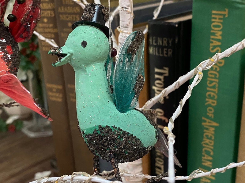 Midcentury Putz Christmas Birds, 1950s Mica Ornaments