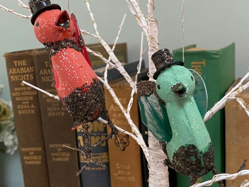 Midcentury Putz Christmas Birds, 1950s Mica Ornaments