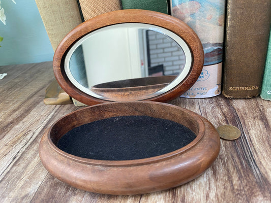 Vintage Wood Jewel Box with Beveled Mirror