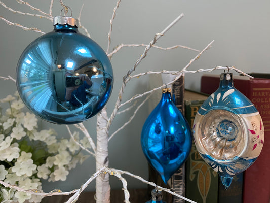 Midcentury Glass Blue Christmas Tree Ornaments