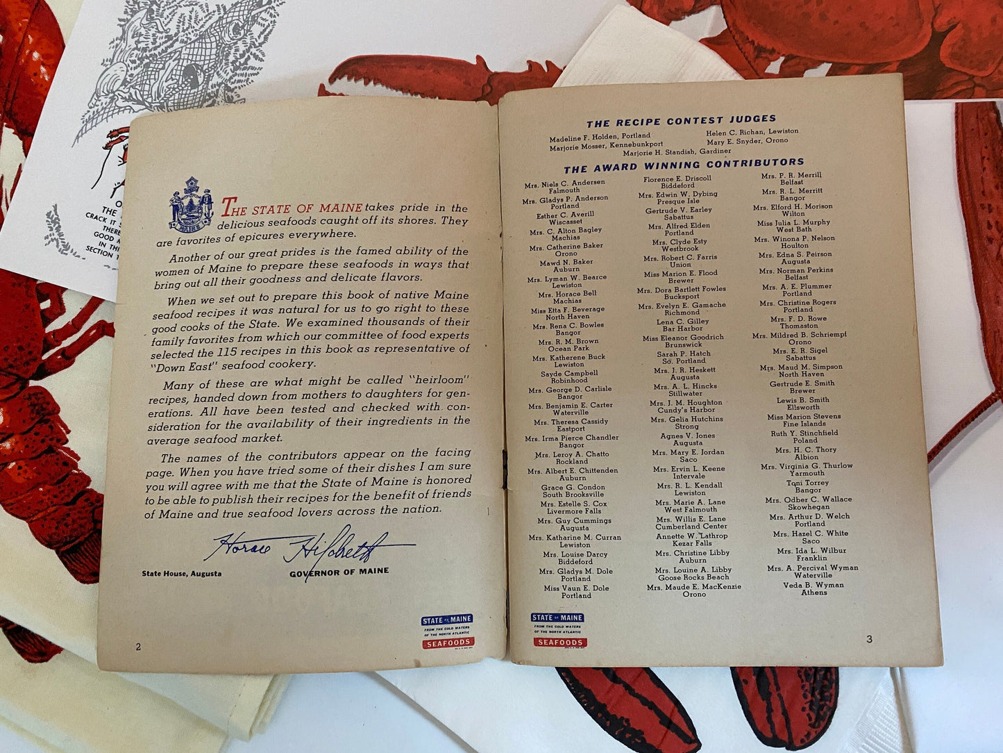 Vintage Maine Lobster Set, Bibs, Napkins, and Recipe Book