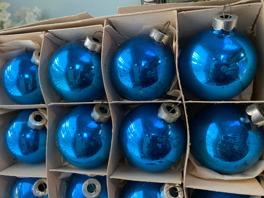 Midcentury Blue Glass Christmas Tree Ornaments Made in U.S.A.