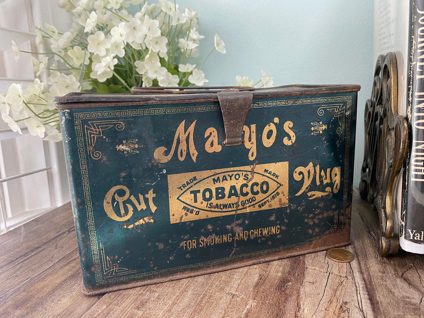 Antique Tobacco Tin, Mayo's Cut Plug Metal Lunch Box Tin