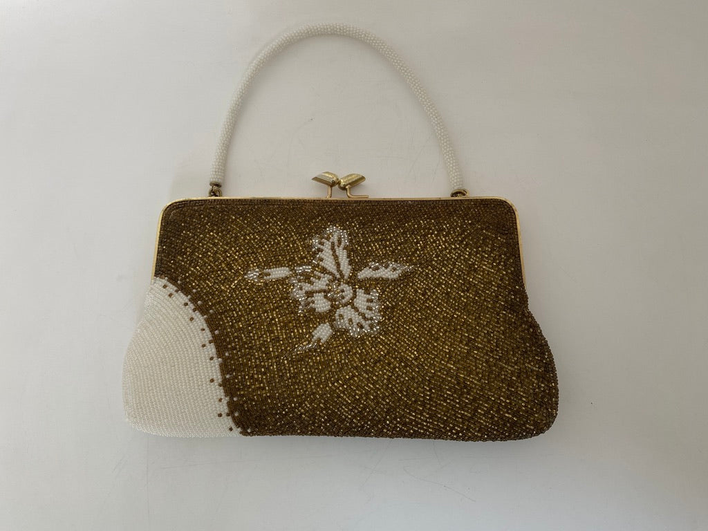 Vintage Bronze and White Beaded Purse at Duckwells