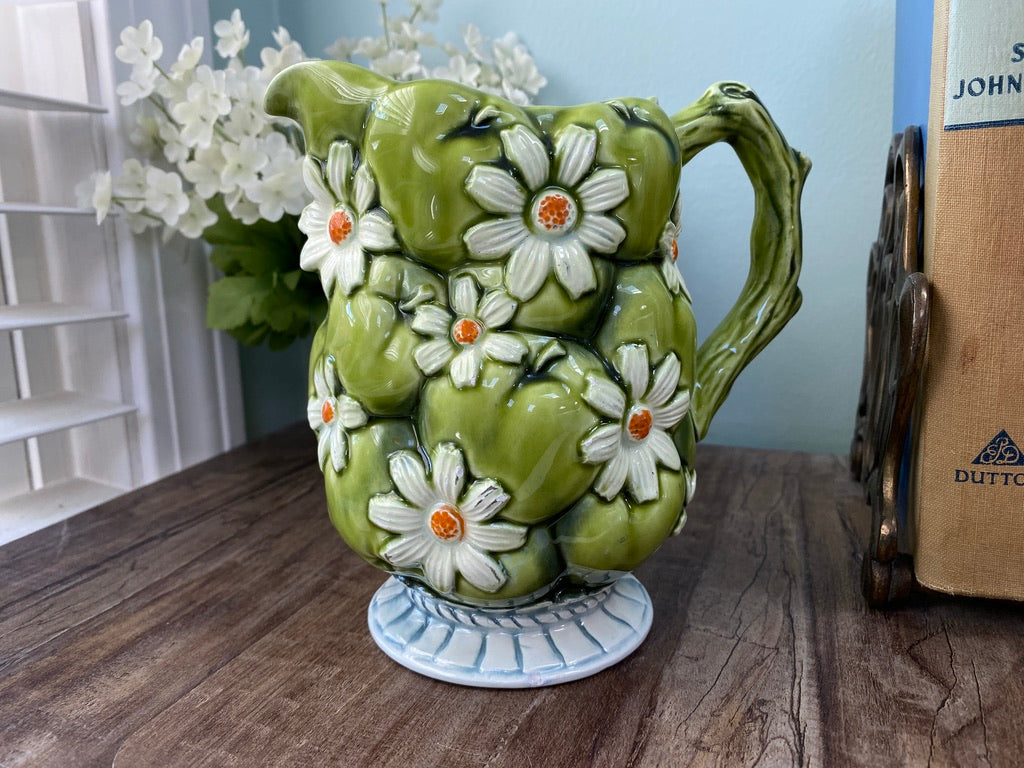 Midcentury Ceramic Pitcher, Green Apple and Daisies Inarco 1967 at Duckwells