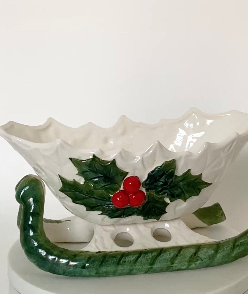 Midcentury Lefton Ceramic White Holly Sleigh at Duckwells